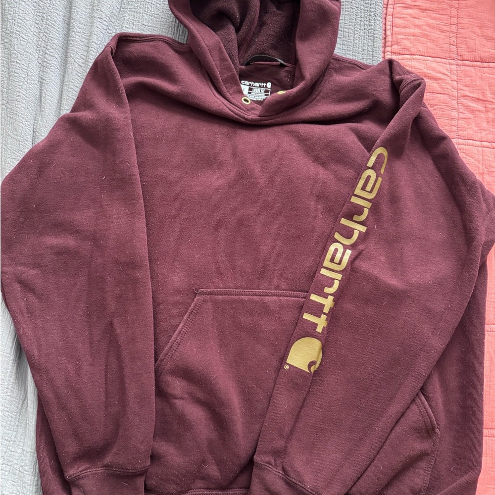 Carhartt Men's Burgundy Hoodie with Gold Logo